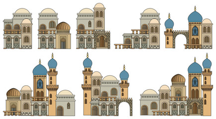 Set of stylized ancient Middle Eastern buildings in paper cut style. Perfect for games, travel guides, architecture projects, or historical infographics. Hand drawn vector illustration