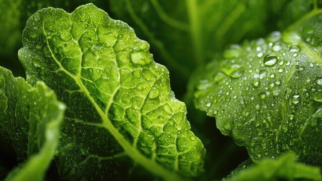 Close-up of fresh green kale leaves with water droplets. Concept Fresh Kale Close-Up, Water Droplets on Leaves, Macro Greens Texture, Leaf Veins and Dew, Organic Produce Photography
