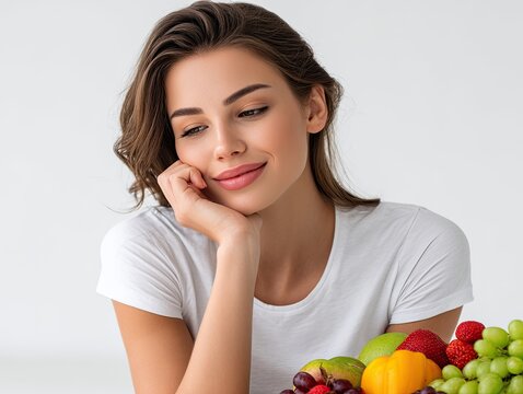 a young woman sits at a table with various fruits, looking down and smiling against a white background - Powered by Adobe
