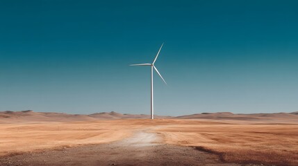 Single wind turbine stands tall against a clear, deep blue sky over arid terrain.