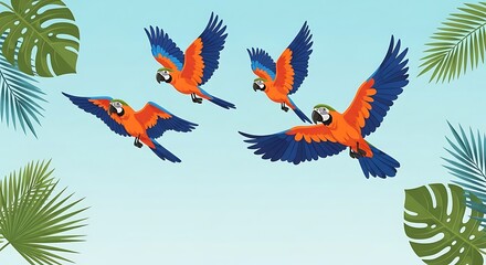 Obraz premium Vibrant Macaws in Flight - A Tropical Avian Scene.