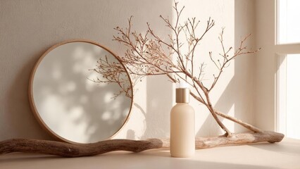 Fototapeta premium Minimalist still life with a round wooden mirror, a beige bottle with a gold cap, and dried branches arranged on driftwood. Concept Minimalist still life, Round wooden mirror