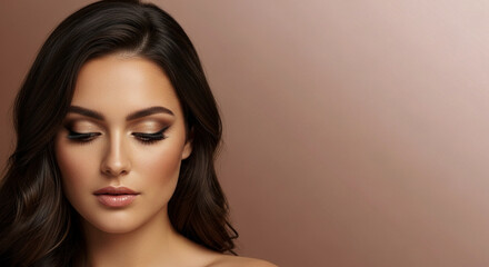 Confident Model Gaze. Professional Grade Makeup. Rich Eyelash Density. Sophisticated Background