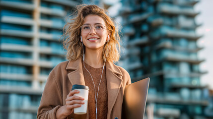 Creative professional with glasses and coat carrying device and hot drink, brisk autumn commute between client meetings