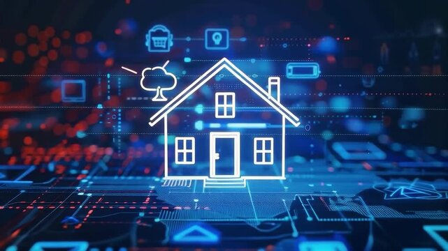 A futuristic house with connected smart devices against a digital background symbolises modern technology and innovation. Suitable for articles about smart homes, the future, technology and digitalisa