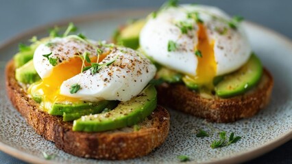 Two slices of toasted bread topped with avocado slices and runny poached eggs, sprinkled with pepper and fresh herbs. Concept Avocado toast, Poached eggs, Breakfast, Fresh herbs, Black pepper