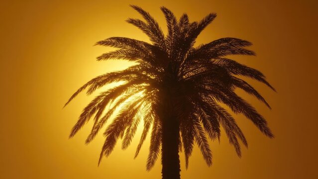 Palm tree silhouetted against a bright golden sunset. Concept Silhouette Photography, Golden Hour, Palm Trees, Tropical Sunset, Dramatic Sky