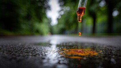 Droplet of liquid falling on wet asphalt road in park.