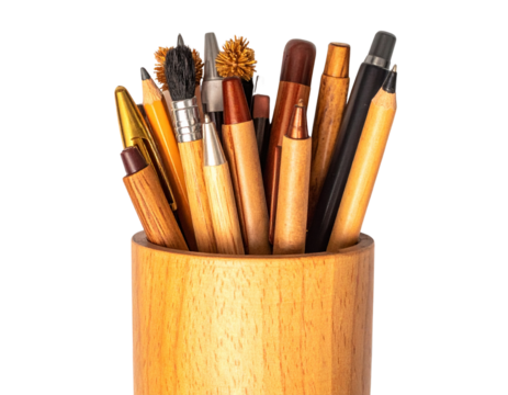 Wooden Pen Organizer with Artistic Stationery and Paint Brushes, Top-Down Composition, Transparent Background