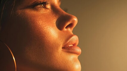 Close-up of a woman's face in warm light, highlighting her nose, lips, and a hoop earring. Concept Close-up portrait, Warm lighting, Nose and lips focus, Hoop earring detail