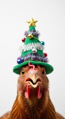 Naklejka premium chicken wearing a Christmas tree hat, holiday animal graphic, on a white background