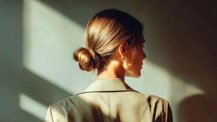 Back view of a woman with a neat low bun, wearing a beige trench coat, bathed in warm sunlight. Concept Back view portrait, Neat low bun hairstyle, Beige trench coat fashion