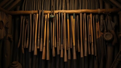 blowpipes. Traditional blowpipes displayed on a rustic hut wall in dim light. event programs, museum guides, designed for cultural heritage projects and event programs, elevates cultural identity.