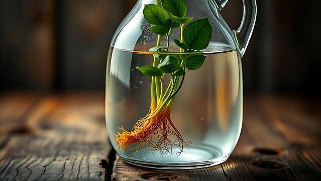 carboy. Clear glass carboy with floating green plant and visible roots on rustic wooden surface. gardening catalogs, home-decor guides, designed for home decor and floral branding.