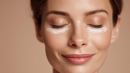 Close-up of a woman with white under-eye cream applied in crescent shapes under both eyes, eyes closed. Concept Under-eye skincare close-up, crescent cream application, eyes closed, serene portrait