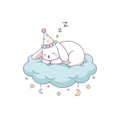 Cute white bunny rabbit wearing a party hat sleeping peacefully on a soft blue cloud with stars and moons on a black background