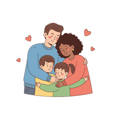 Diverse family parents and children hugging with love and affection depicted in a clean vector illustration with hearts on a black background