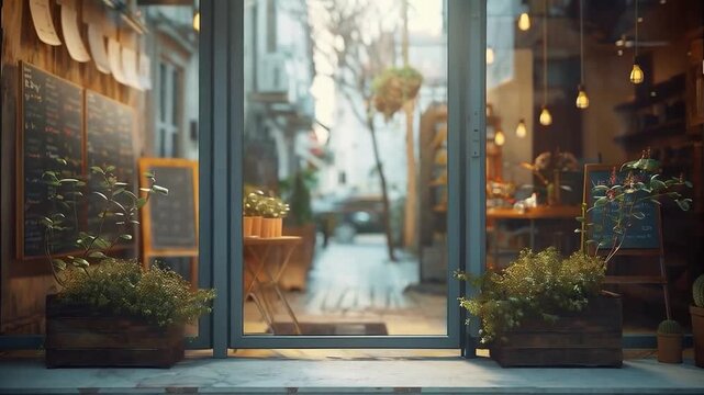 A cosy caf&eacute; with panoramic windows and plants on the windowsills creates an atmosphere of warmth and hospitality. Suitable for articles about small businesses, interior design, urban lifestyle and com