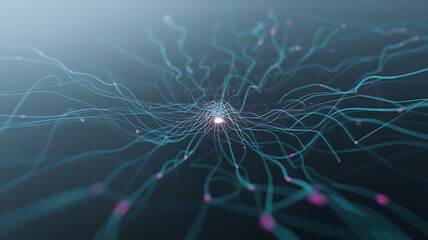 Abstract visualization of a neural network or complex biological system with glowing connections and a central bright point