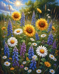 A field of wildflowers with daisies and sunflowers