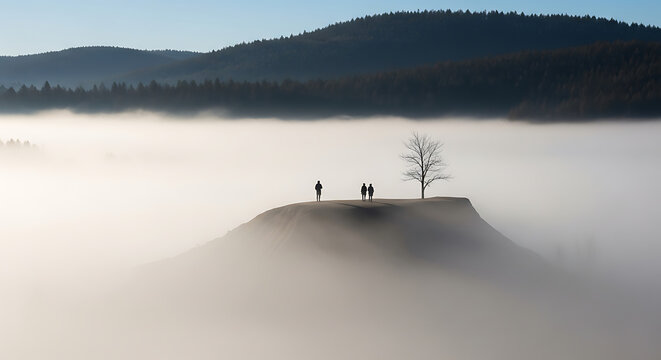 Ethereal Morning Mist Landscape Reflecting in Calm Water