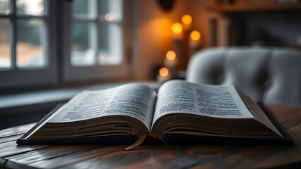 verse. Open bible resting on a wooden table bathed in warm diffused light, creating a peaceful ambiance. event programs, museum guides, designed for cultural heritage projects and event programs.