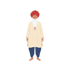 Elderly Sikh Man Wearing Traditional Red Turban and Cream Colored Kurta Pajama Standing Peacefully With Beard and Bare Feet