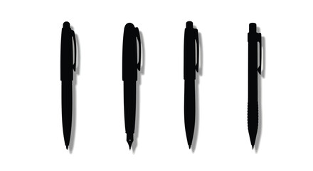 Four black pens isolated on white background are displayed in a row