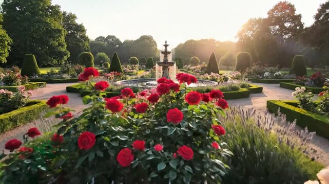 Beautiful Rose Garden with Fountain and Lush Greenery in Sunlight.
