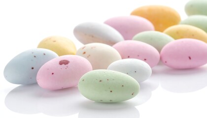 Assorted pastel-colored sugared almond candies on a white background