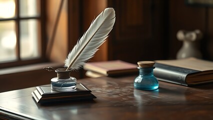 inkwell. A vintage desk featuring a feather quill and inkwell, illuminated by warm side lighting. real-estate listings.
