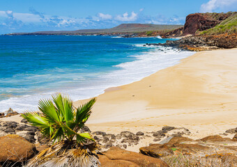 Volcanic Rock and White Sand With Black Rock Cinder Cone on Pohakumauliuli Beach, Molokai, Hawaii, USA