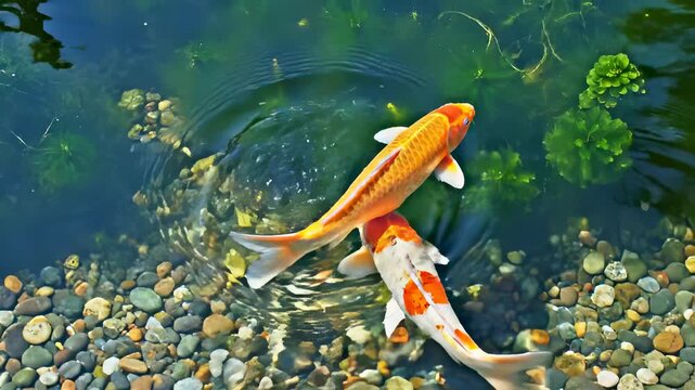 Koi Fish Serenity: Two vibrant koi fish glide through crystal-clear water, their scales reflecting sunlight as they swim amidst pebbles and aquatic plants. A tranquil scene of natural beauty.