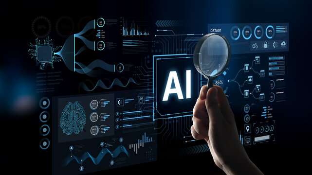 A futuristic AI dashboard for business intelligence. This platform showcases advanced data analytics, processing complex information into visual charts and graphs for strategic insights. Fermion