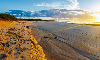 Afternoon Sun Rays on The Sandy Shoreline of Papohaku Beach Molokai, Hawaii, USA