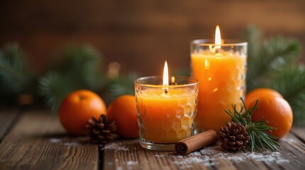 Aromatic holiday candles with cinnamon and oranges on a rustic table
