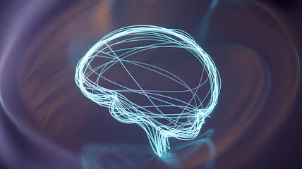Abstract glowing neon blue digital brain outline with interconnected lines on a dark purple background