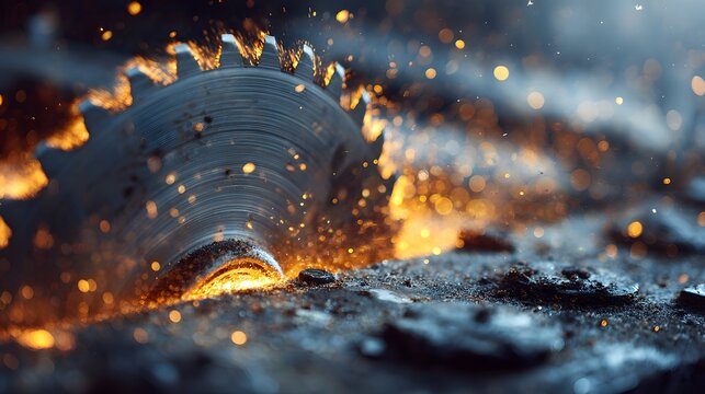Circular saw blade intensely cutting through a hard surface creating bright sparks