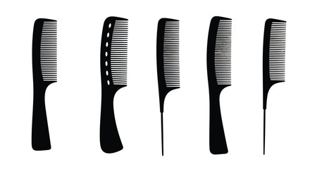 Collection of five black combs isolated on white background for hair care
