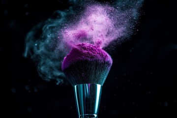 Makeup Brush with Purple Powder Explosion on Black Background.