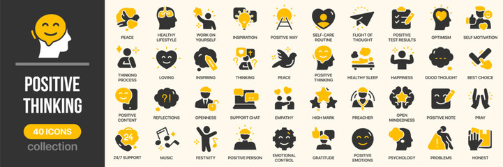 Positive thinking fill icon collection. Includes motivation, happiness, emotions, optimism, and inspiration icons. Created in colored style with yellow and gray palette