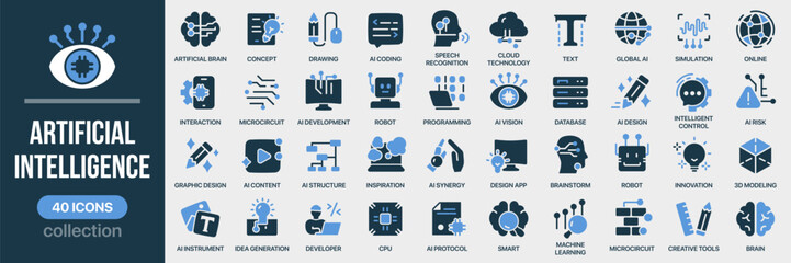 Artificial intelligence fill icon collection. Includes AI, robotics, programming, innovation, and smart technology icons. Created in colored style with blue palette
