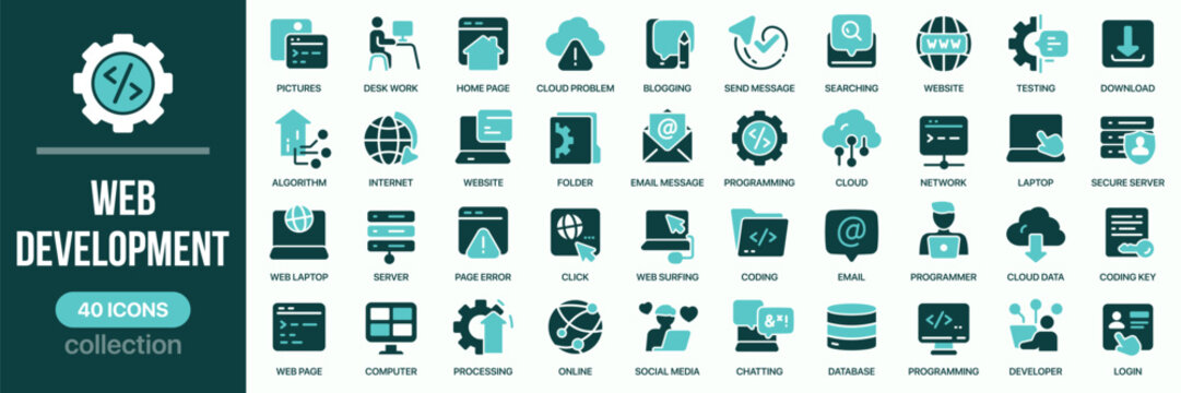 Web and development fill icon collection. Includes website, coding, server, database, and online communication icons. Created in colored style with turquoise palette