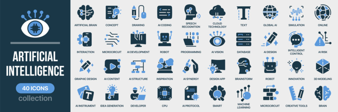 Artificial intelligence fill icon collection. Includes AI, robotics, programming, innovation, and smart technology icons. Created in colored style with blue palette
