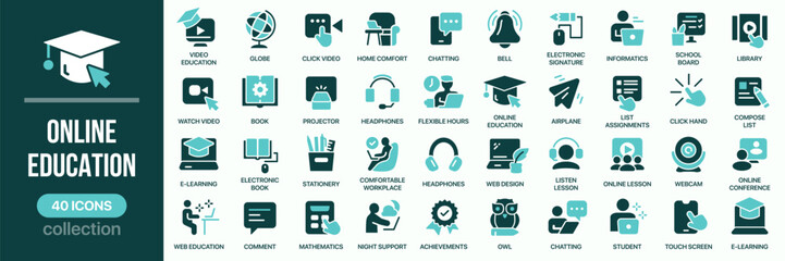 Online education fill icon collection. Set of e-learning, student, video lesson, and study icons. Created in colored style with turquoise palette