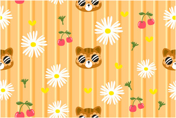 Seamless vector floral pattern with flowers, bear, and cherry for a spring or summer fabric design