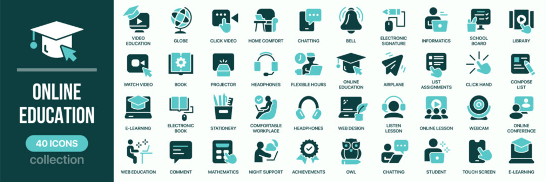 Online education fill icon collection. Set of e-learning, student, video lesson, and study icons. Created in colored style with turquoise palette