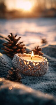 Cozy winter candle in crocheted holder with pine cones.