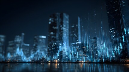 Illuminated city skyline displays digital data visualization above water at night