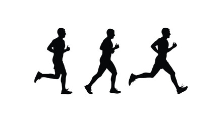 Three silhouette runners isolated on white background are in motion